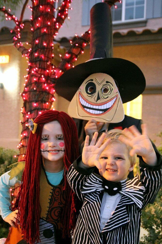 a nightmare before christmas family halloween costume with sally, jack and the mayor