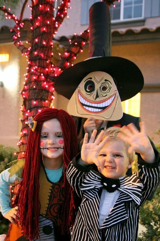 a nightmare before christmas family halloween costume with sally, jack and the mayor