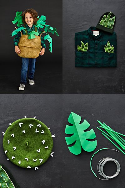 plant family halloween costumes including a kid in a plant, snake plant shirt and hat, succulent hat and monstera leaves