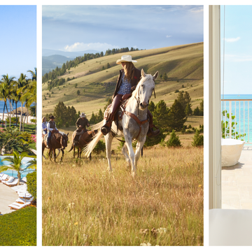 a collage of a person riding a horse next to a pool