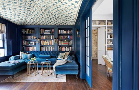 blue family room with tented ceiling