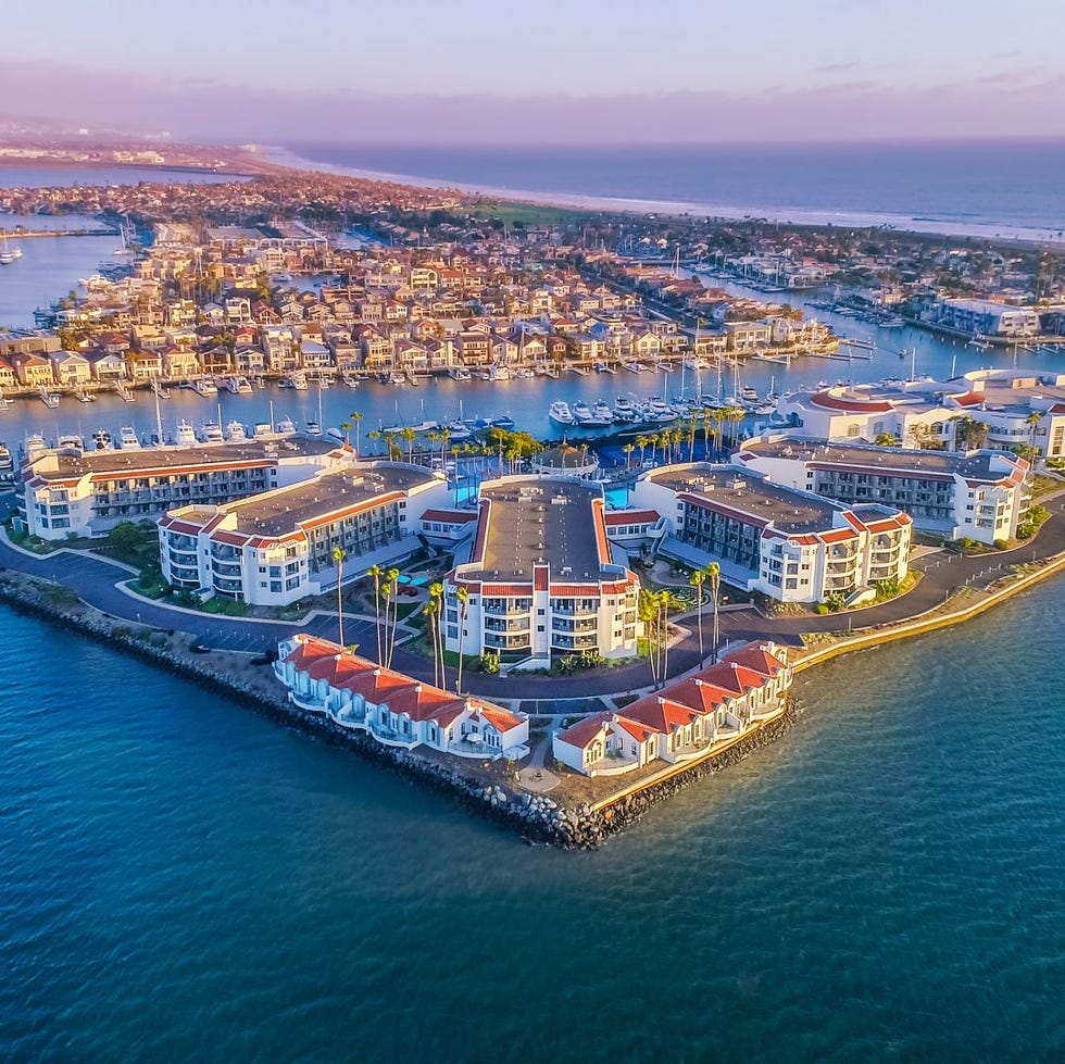 an overhead shot of the loews coronado bay over the water in san diego, a good housekeeping pick for best family vacation destination