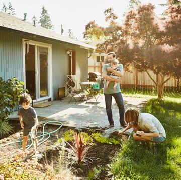 family watering garden in backyard on summer morning