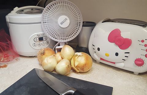 Chop onions with a fan running