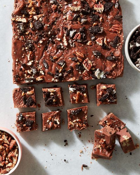 slab of fantasy fudge filled with marshmallow fluff, oreos, and pecans