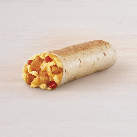 breakfast burrito filled with potatoes eggs cheese and diced tomatoes