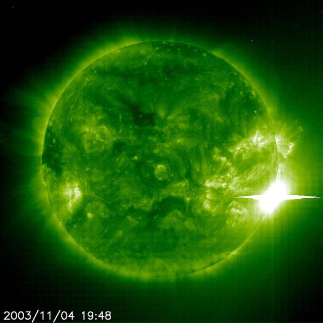 solar flare in 2003 shown in green