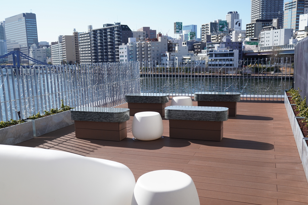 a deck overlooking a city