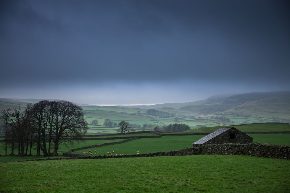 farm under dark grey clouds