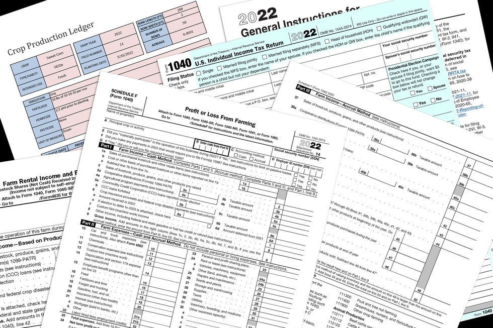 2022 irs farming tax forms on a desk top