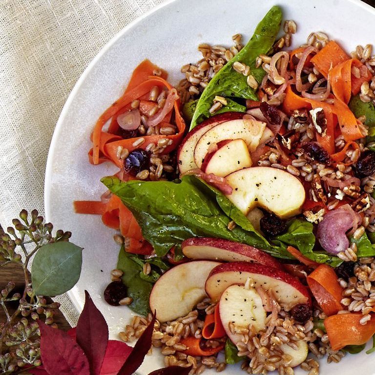 vegan dinner ideas esay farro, apple, and carrot salad