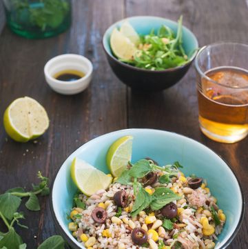 farro salad with olives corn and mint leaves
