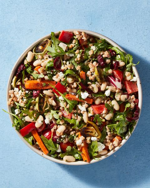 arugula farro salad with white beans, carrots, radicchio, red peppers, and goat cheese