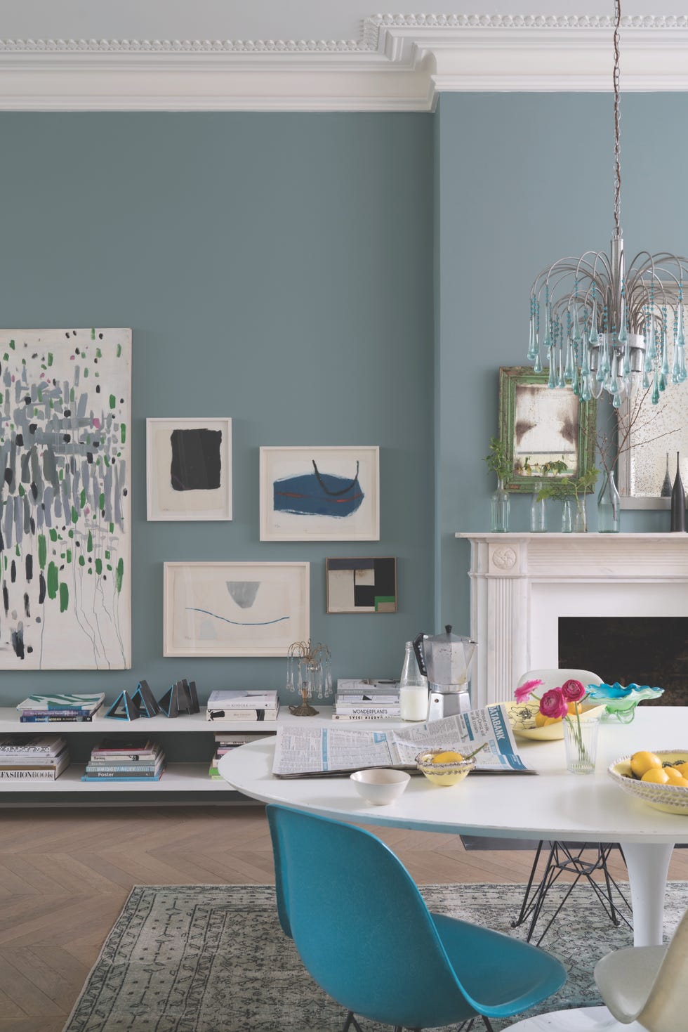 dining room with blue walls