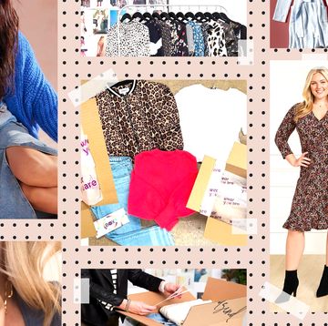 women wearing fashionable clothing, a person opening up a clothing subscription box, a persons hand wearing rings, two women posing together in cute outfits