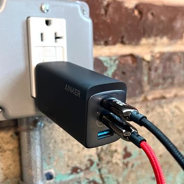 anker charger with 2 charging cords in wall outlet