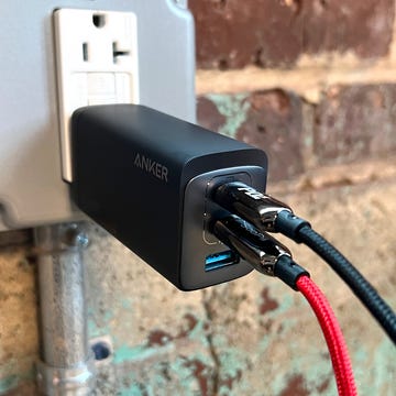 anker charger with 2 charging cords in wall outlet