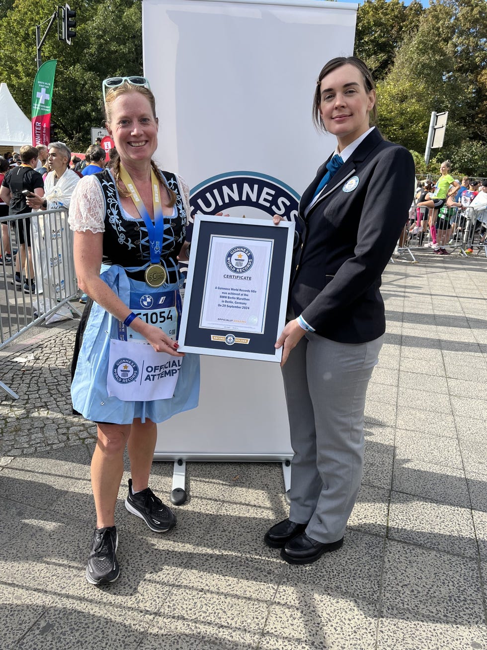 in berlin, ﻿rene gauthier became the fastest female to run a marathon wearing a dirndl