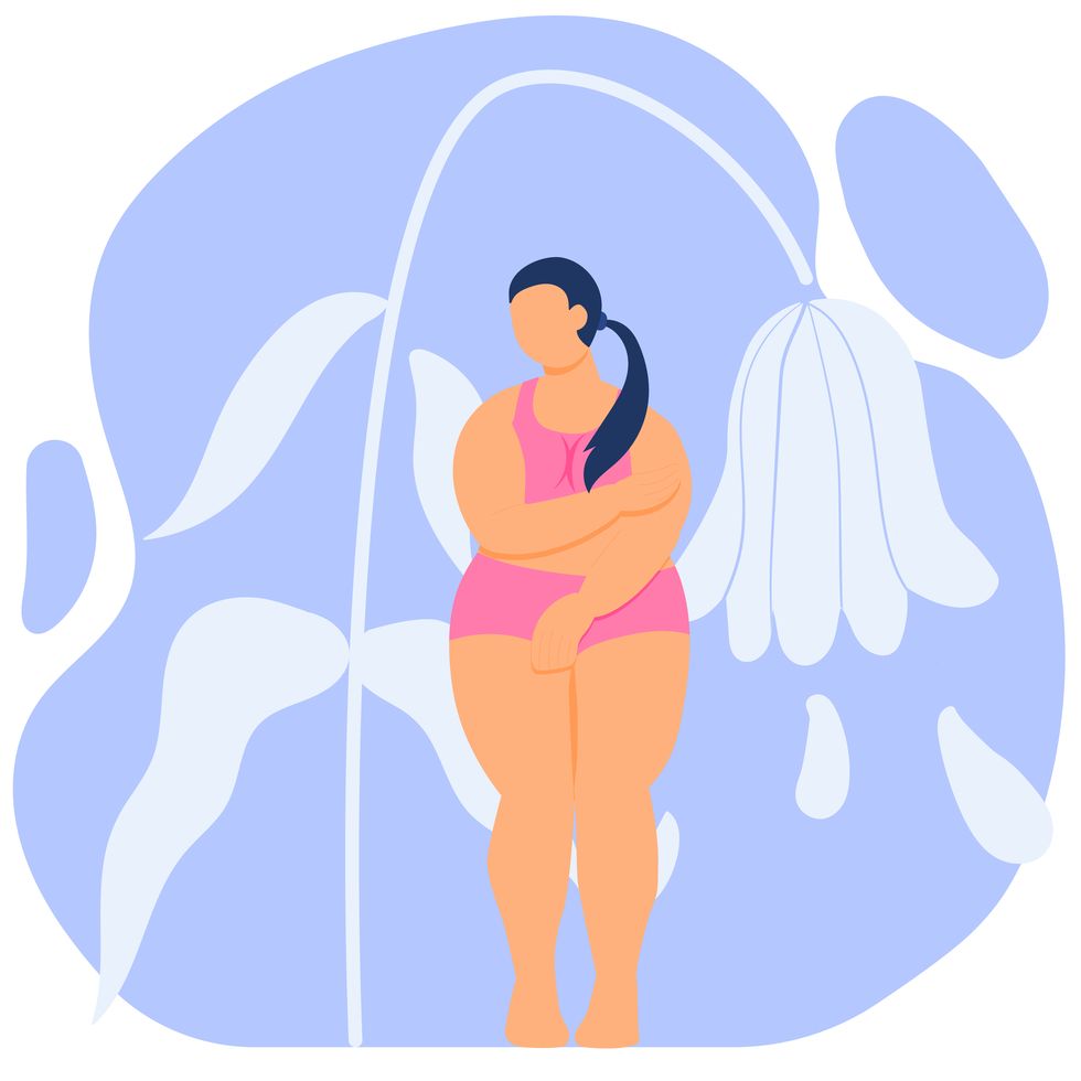 fat girl is ashamed of her body  self love fat woman with curvy figure in lingerie stock vector illustration isolated on white