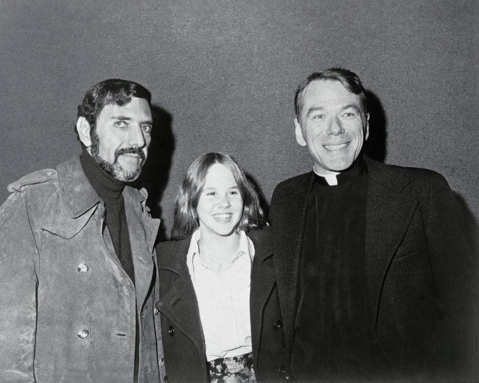 William Peter Blatty, Linda Blair and Rev. William O'Malley, S.J. at the opening of the new Warner Bros. motion picture at Cinema I in New York.