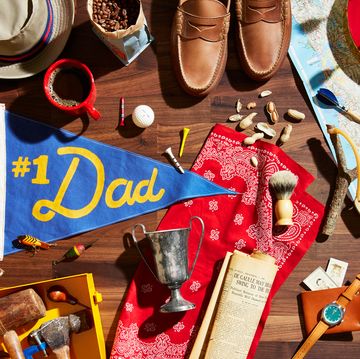 father's day still life, 1 dad pennant, trophy, bandana, sling shot, dartboard