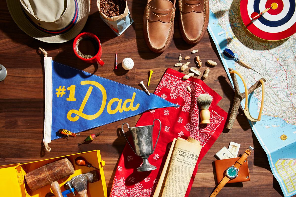 father's day still life, 1 dad pennant, trophy, bandana, sling shot, dartboard