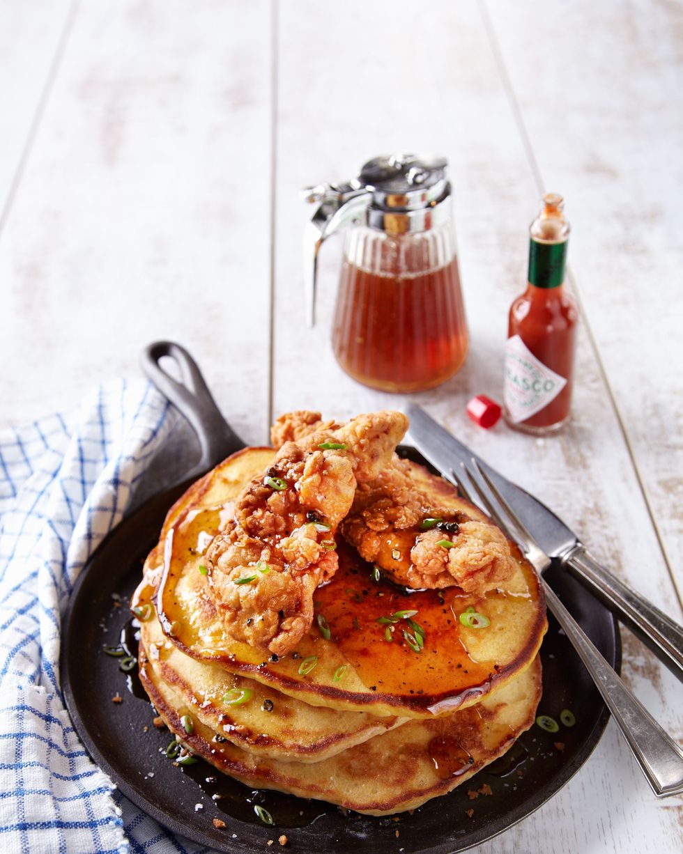 chicken and corn bread pancakes with spicy syrup