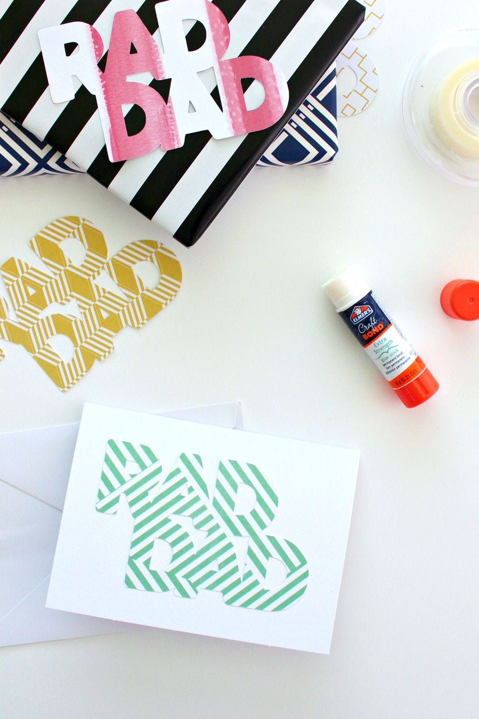 father's day card ideas, white card with a rad dad graphic