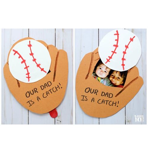 A card in the shape of a baseball glove with a picture of our dad being a catch.