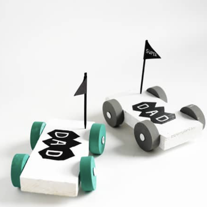 Father's Day Crafts, Two Small White Wooden Toy Cars with Black Flags