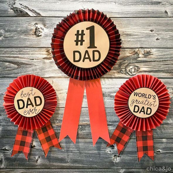 red award ribbons labeled best dad ever, number 1 dad, and world's greatest dad for father's day