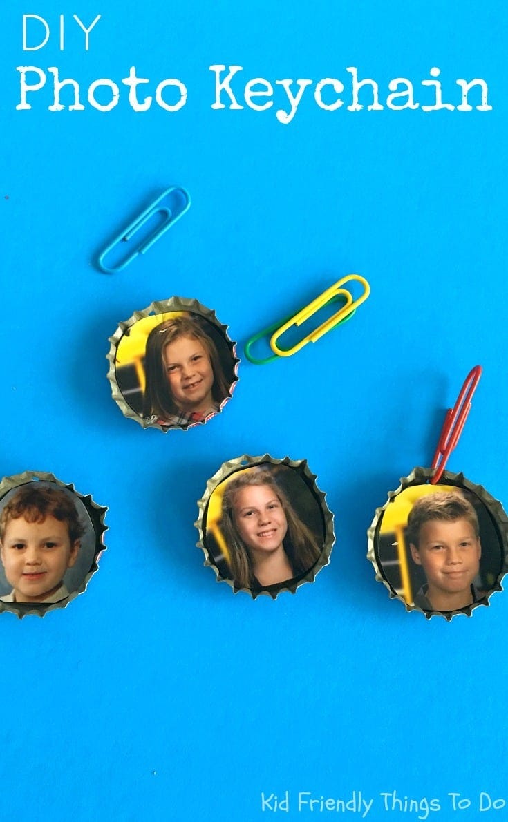 handmade photo keychains displayed on a blue background