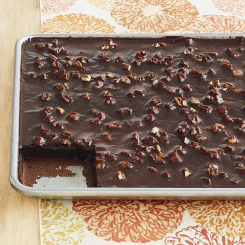 chocolate sheet cake with nuts in sheet pan