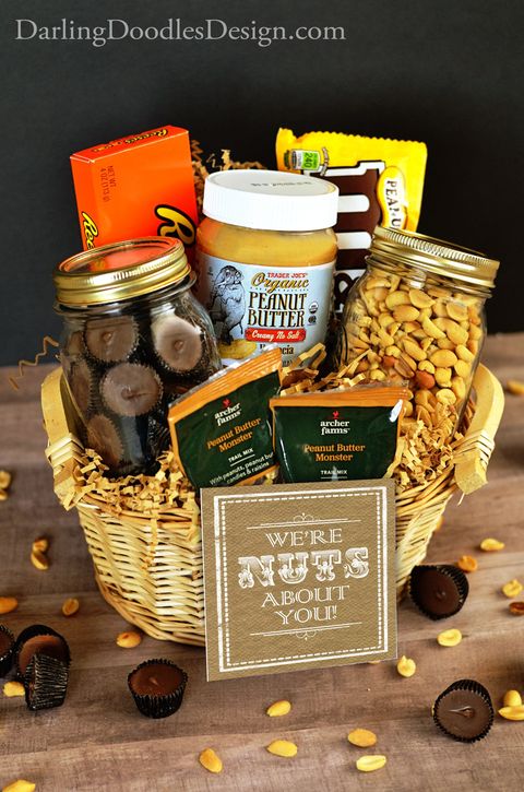 basket filled with jars of nuts, peanut butter and assorted nutty candies with a sign reading we're nuts about you