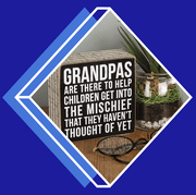 This is an image grandpa sign, whiskey glass, book of the month, bird feeder