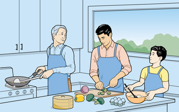 grandfather father and son of asian descent cooking dinner together in the kitchen