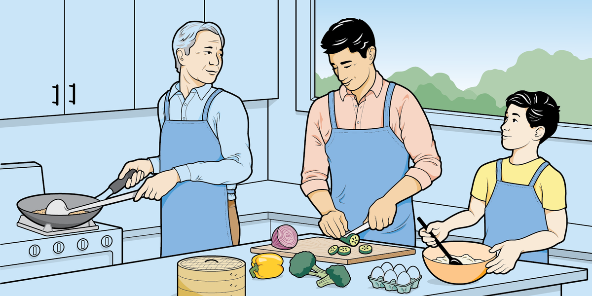 grandfather father and son of asian descent cooking dinner together in the kitchen grandfather father and son of asian descent cooking dinner together in the kitchen