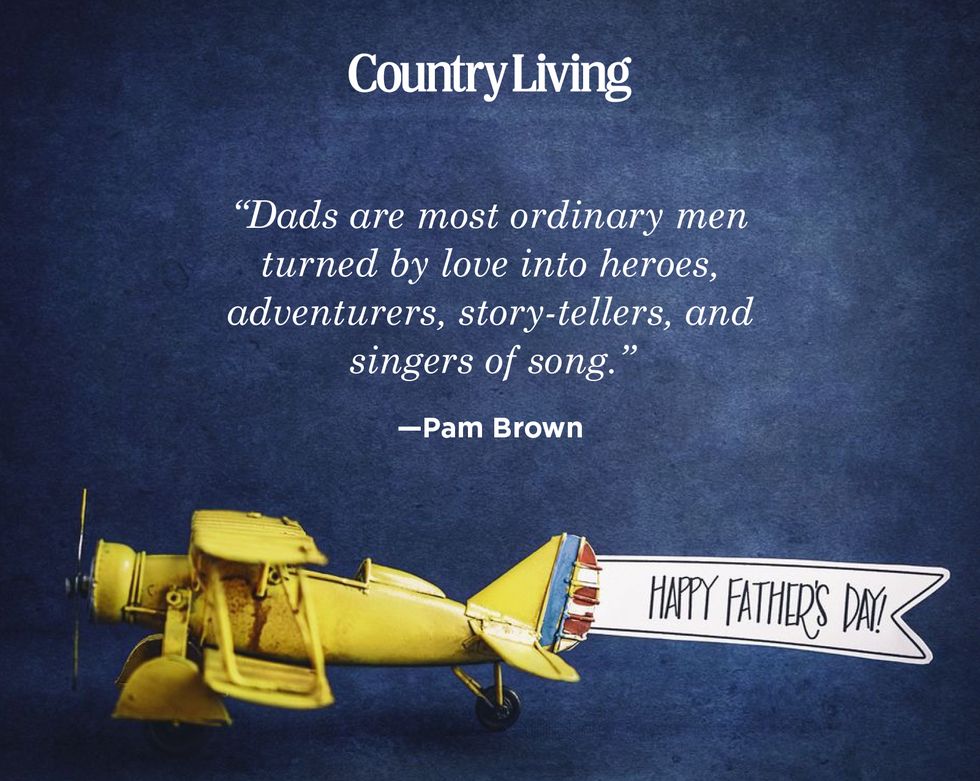 father's day quote for friends by pam brown on a photo of a yellow toy plane with happy father's day banner