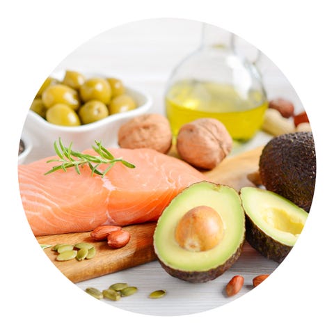 nuts, fish, avocado, olive oil