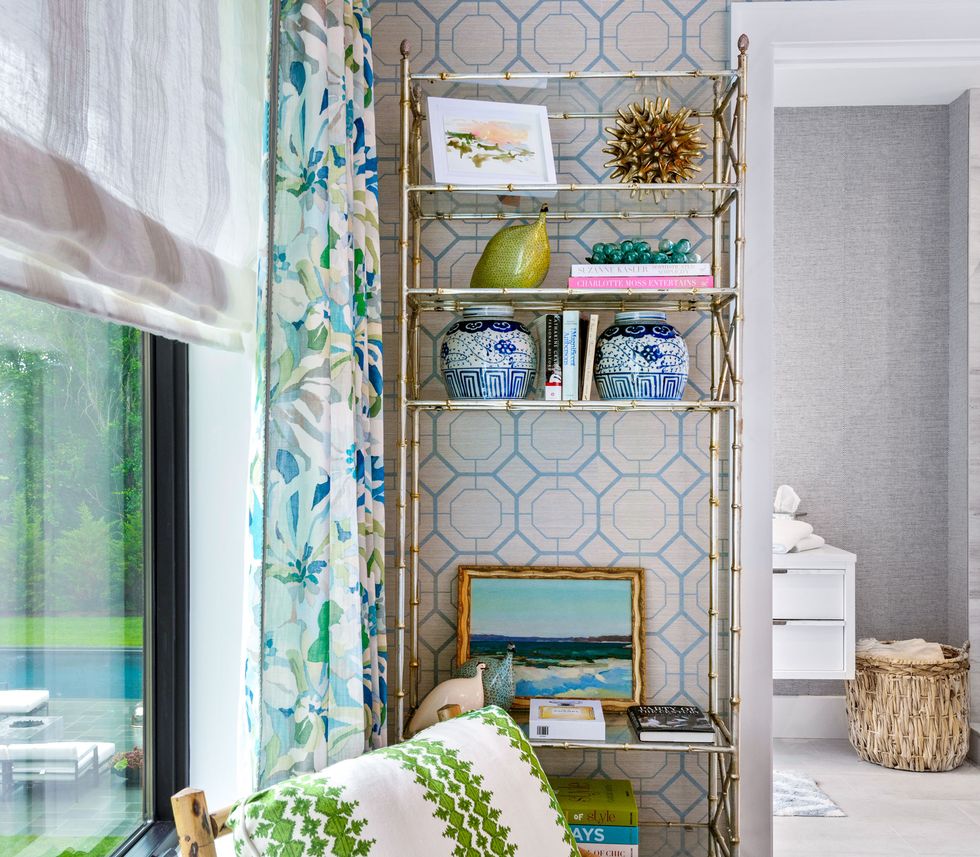 Room, Green, Furniture, Blue, Interior design, Turquoise, Wall, Living room, Shelf, Home, 