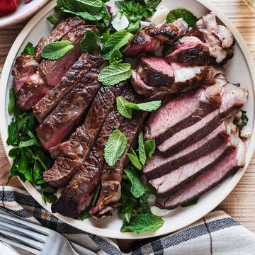 favorite meal fresh roast beef meat steak on plate with salad