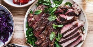 favorite meal fresh roast beef meat steak on plate with salad