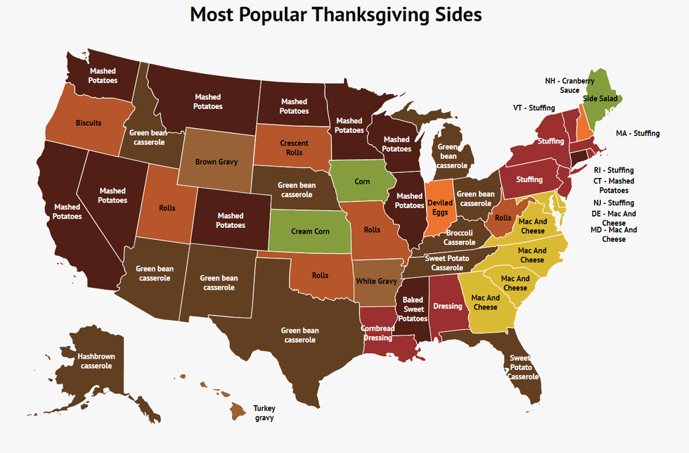 zippia map of the most popular thanksgiving sides