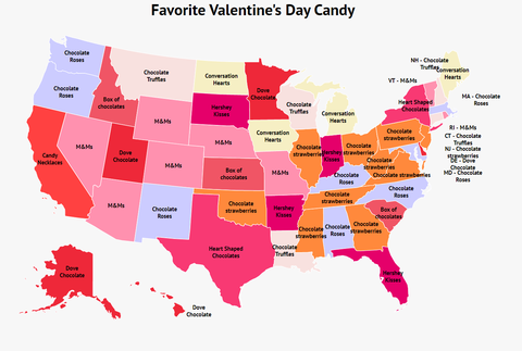 most popular valentines day candy by state map