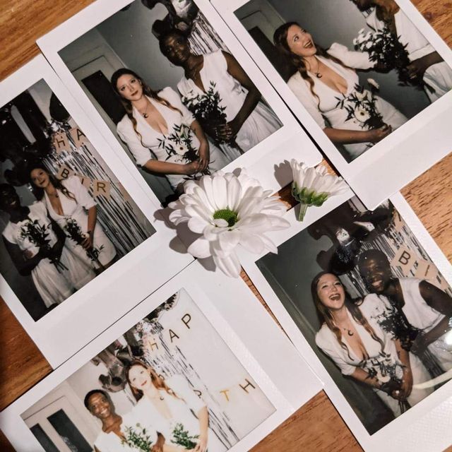 polaroid pictures of a wedding between two women