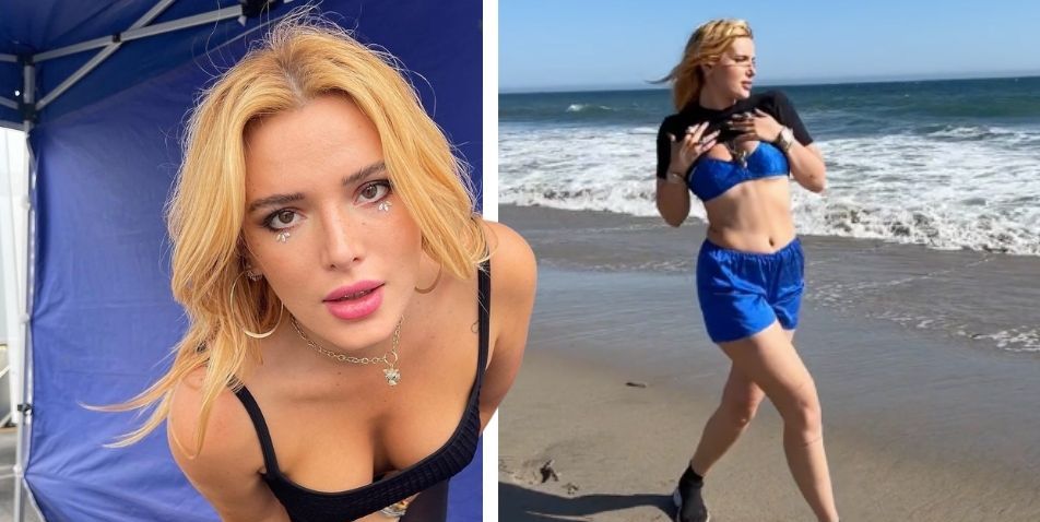 Bella Thorne reveals her ample bosom and toned abs as she rocks unique  one-strap bandeau