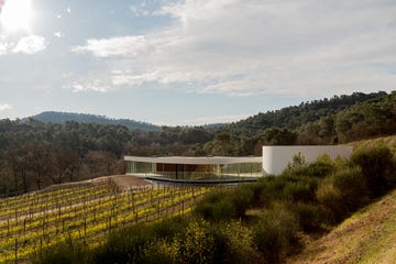 a building with a vineyard around it