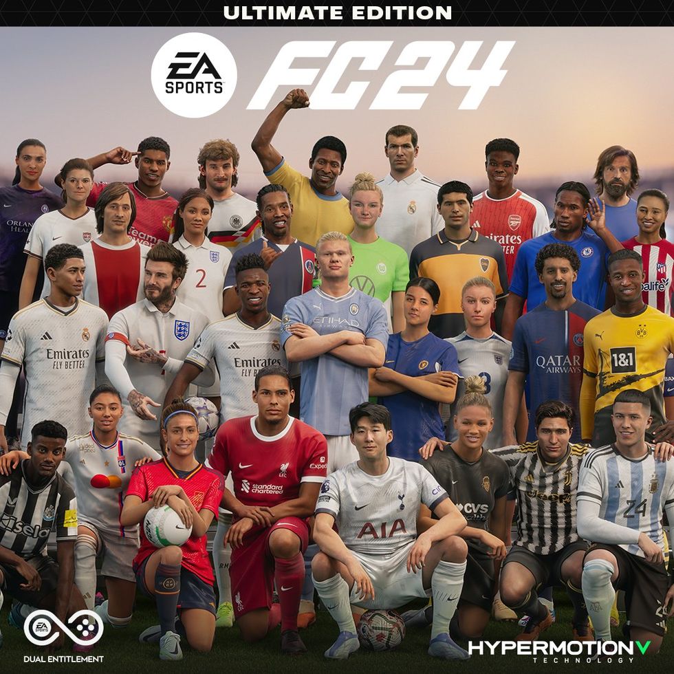 ea sports fc24 ultimate edition cover, menampilkan empat baris model karakter pesepakbola terkenal yang meragukan