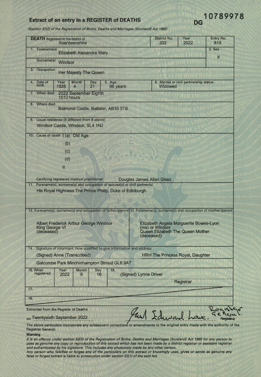 queen elizabeth ii death certificate