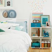 Furniture, Shelf, Room, Turquoise, Bedroom, Bed, Interior design, Product, Shelving, Bookcase, 